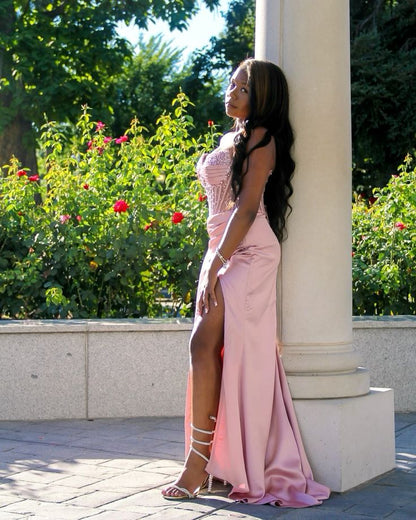 Elegant Sheath Sweetheart Pink Slit Satin Long Prom Dresses Party Dress Summer 20th Birthday Outfits 18th Birthday Dresses DH479