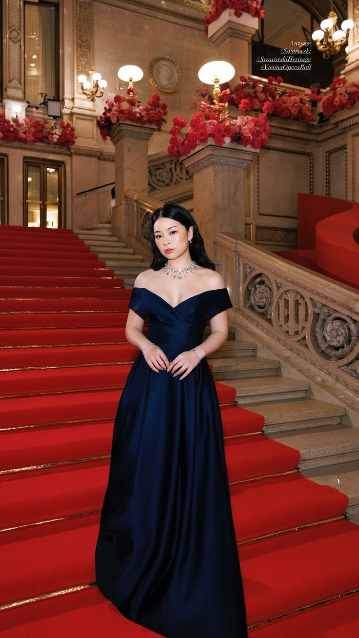 Elegant A Line Off The Shoulder Navy Blue Satin Long Prom Dresses Party Dress Summer 20th Birthday Outfits 18th Birthday Dresses DH488