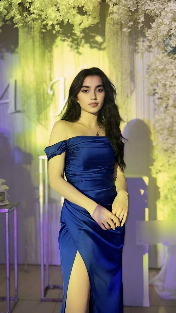 Elegant Sheath Off The Shoulder Navy Blue Satin Slit Long Prom Dresses Party Dress Summer 20th Birthday Outfits 18th Birthday Dresses DH489