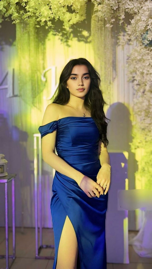 Elegant Sheath Off The Shoulder Navy Blue Satin Slit Long Prom Dresses Party Dress Summer 20th Birthday Outfits 18th Birthday Dresses DH489