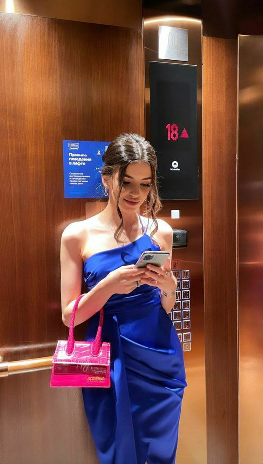 Elegant Sheath One Shoulder Royal Blue Satin Long Prom Dresses Party Dress Summer 20th Birthday Outfits 18th Birthday Dresses DH490