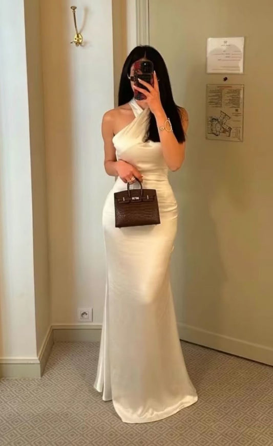 Elegant Mermaid Halter White Sleeveless Long Prom Dresses Party Dress Summer 20th Birthday Outfits 18th Birthday Dresses DH493