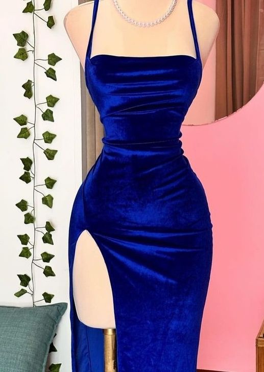 Elegant Sheath Spaghetti Straps Royal Blue Slit Prom Dresses Party Dress Summer 20th Birthday Outfits 18th Birthday Dresses DH499