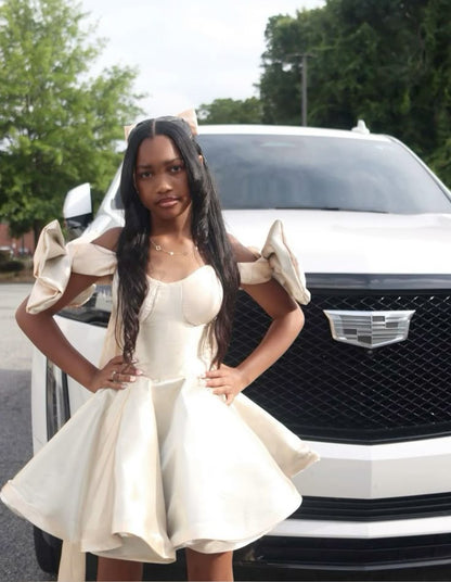 Pretty A line Off The Shoulder Satin Summer 16th Birthday Dress Hoco Dress Birthday Outfit 19th Birthday Mini Cocktail Dresses DH515