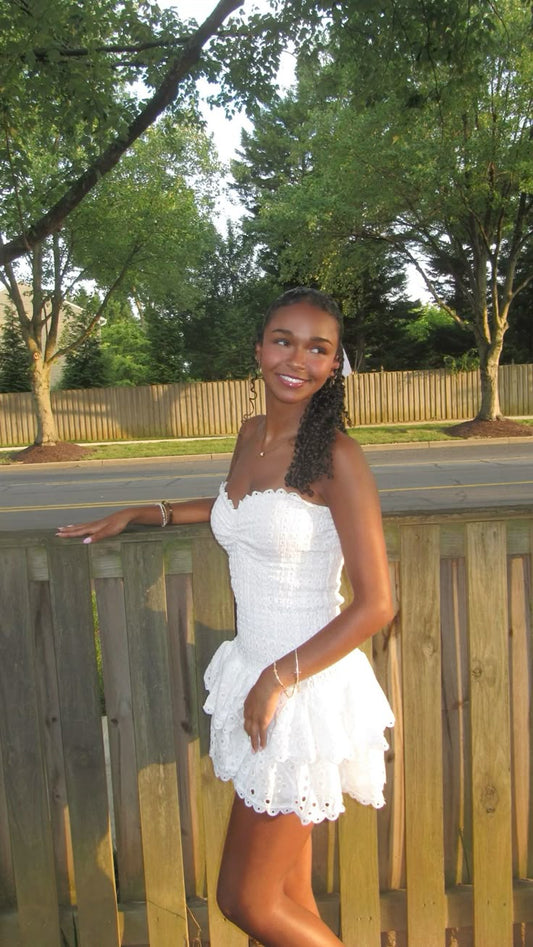 Cute Sheath Sweetheart White Lace Short Mini Formal 8th Grade Homecoming Dresses Summer Middle School Hoco Dress Homecoming Outfits DH521