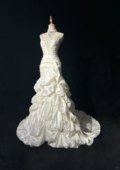 Vintage Wedding Dress 1950s 1940s Mermaid Spaghetti Straps Layers Ruffles White Satin Long Wedding Dresses Bridal Gowns Brides Gown DH523