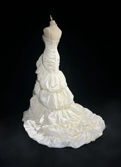 Vintage Wedding Dress 1950s 1940s Mermaid Spaghetti Straps Layers Ruffles White Satin Long Wedding Dresses Bridal Gowns Brides Gown DH523