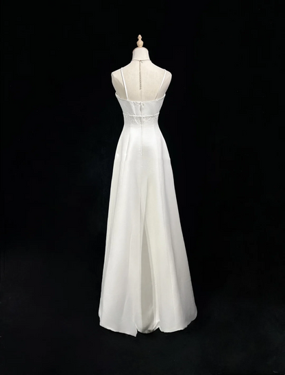 Vintage Wedding Dress A line Spaghetti Straps White Satin Sleeveless Long Vintage Wedding Dresses Bridal Gowns Brides Gown With Cape DH524
