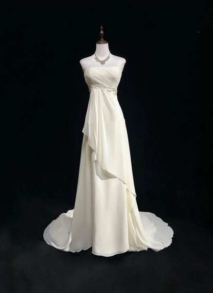 Vintage Wedding Dress A line Strapless Chiffon White Sleeveless Long Beach Wedding Dresses Bridal Gowns Brides Gown With Beads DH540