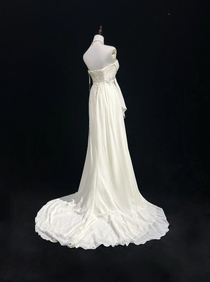 Vintage Wedding Dress A line Strapless Chiffon White Sleeveless Long Beach Wedding Dresses Bridal Gowns Brides Gown With Beads DH540