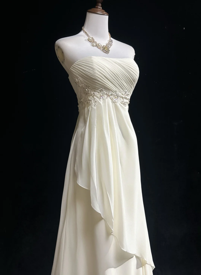 Vintage Wedding Dress A line Strapless Chiffon White Sleeveless Long Beach Wedding Dresses Bridal Gowns Brides Gown With Beads DH540