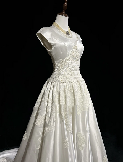 Vintage Wedding Dress 1950s 1940s Ball Gown V Neck Lace White Long Wedding Dresses Bridal Gowns Brides Gown DH541