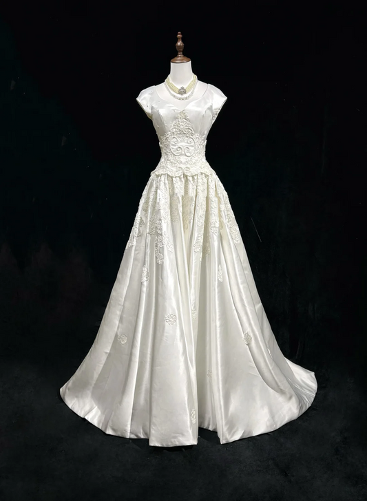 Vintage Wedding Dress 1950s 1940s Ball Gown V Neck Lace White Long Wedding Dresses Bridal Gowns Brides Gown DH541