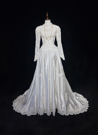 Retro Wedding Dress 1950s 1940s Ball Gown High Neck Lace White Long Sleeves Wedding Dresses Bridal Gowns Brides Gown DH544