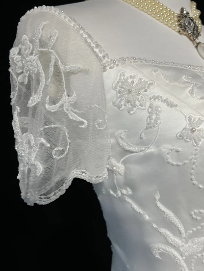 Retro Wedding Dress 1950s 1940s A line Square Neck Satin White Long Wedding Dresses Bridal Gowns Brides Gown DH547