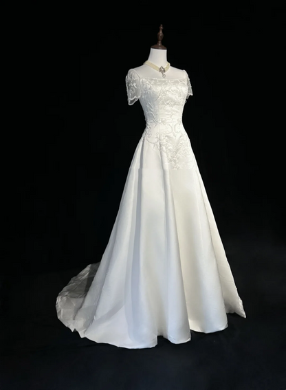Retro Wedding Dress 1950s 1940s A line Square Neck Satin White Long Wedding Dresses Bridal Gowns Brides Gown DH547