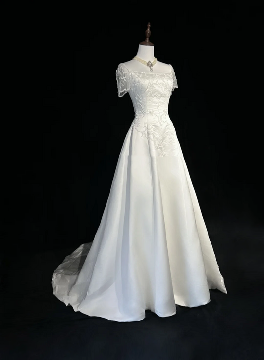 Retro Wedding Dress 1950s 1940s A line Square Neck Satin White Long Wedding Dresses Bridal Gowns Brides Gown DH547