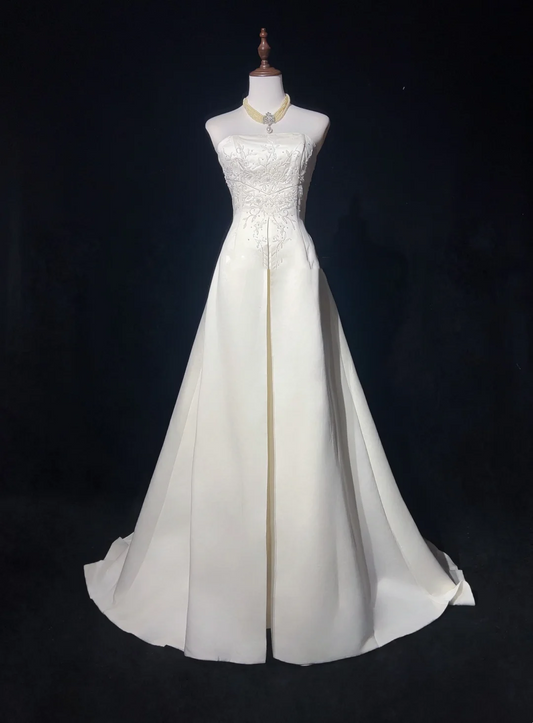 Retro Wedding Dress 1950s 1940s Ball Gown Strapless Satin Lace White Long Wedding Dresses Bridal Gowns Brides Gown DH550