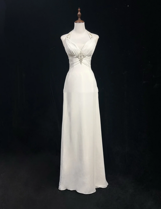 Vintage Wedding Dress 1970s A line Halter Chiffon White Long Wedding Dresses Bridal Gowns Elegant Brides Gown DH552