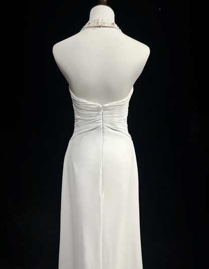 Vintage Wedding Dress 1970s A line Halter Chiffon White Long Wedding Dresses Bridal Gowns Elegant Brides Gown DH552
