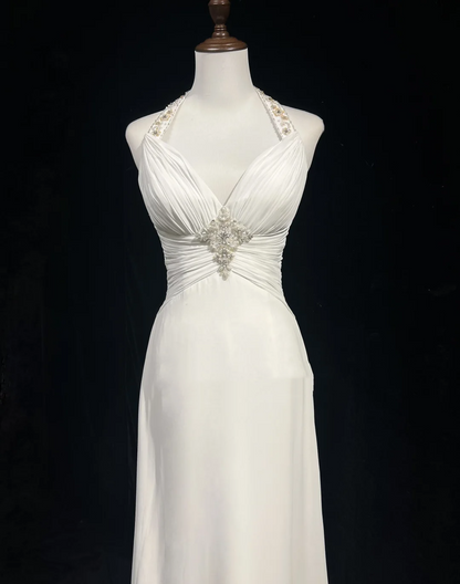 Vintage Wedding Dress 1970s A line Halter Chiffon White Long Wedding Dresses Bridal Gowns Elegant Brides Gown DH552