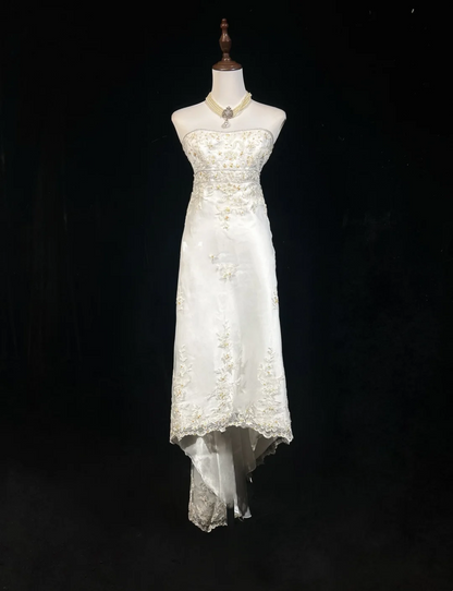 Vintage Wedding Dress 1970s High Low Strapless Lace White Long Wedding Dresses Bridal Gowns Elegant Brides Gown DH553