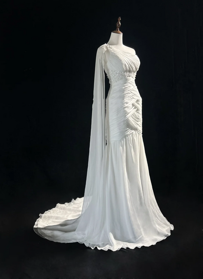 Retro Wedding Dress 1950s 1940s Mermaid One Shoulder Chiffon White Long Wedding Dresses Bridal Gowns Brides Gown DH554