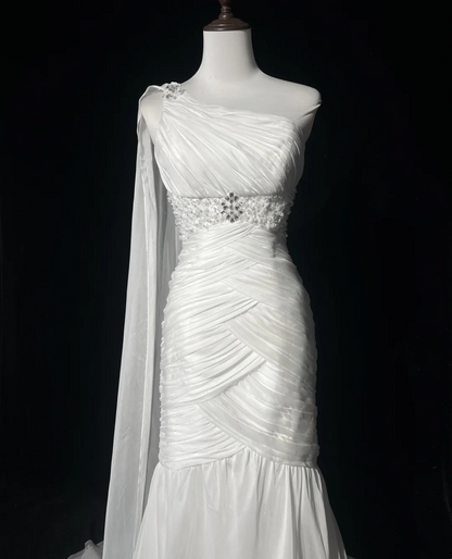 Retro Wedding Dress 1950s 1940s Mermaid One Shoulder Chiffon White Long Wedding Dresses Bridal Gowns Brides Gown DH554