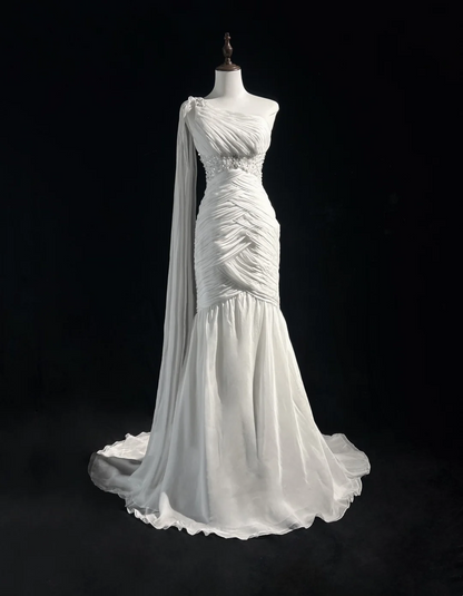 Retro Wedding Dress 1950s 1940s Mermaid One Shoulder Chiffon White Long Wedding Dresses Bridal Gowns Brides Gown DH554