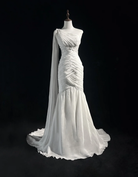 Retro Wedding Dress 1950s 1940s Mermaid One Shoulder Chiffon White Long Wedding Dresses Bridal Gowns Brides Gown DH554