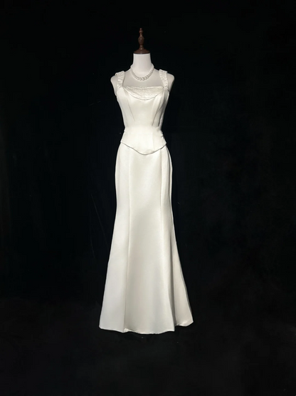 Vintage Wedding Dress 1970s Mermaid Square Neck Satin White Long Wedding Dresses Bridal Gowns Elegant Brides Gown DH557