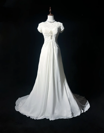 Vintage Wedding Dress 1970s A Line Scoop Neck Chiffon White Long Wedding Dresses Bridal Gowns Elegant Brides Gown DH559