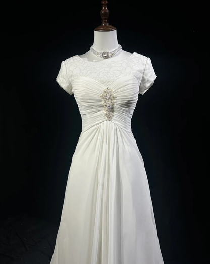Vintage Wedding Dress 1970s A Line Scoop Neck Chiffon White Long Wedding Dresses Bridal Gowns Elegant Brides Gown DH559