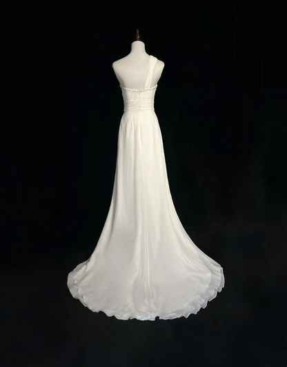 Retro Wedding Dress 1950s 1940s A Line One Shoulder Chiffon White Long Wedding Dresses Bridal Gowns Brides Gown DH560