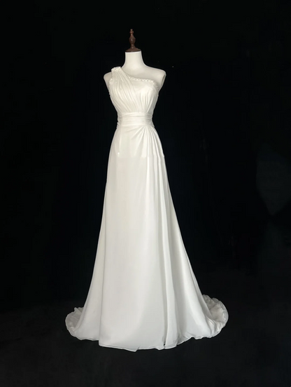 Retro Wedding Dress 1950s 1940s A Line One Shoulder Chiffon White Long Wedding Dresses Bridal Gowns Brides Gown DH560