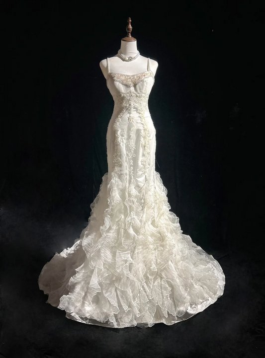 Retro Wedding Dress 1950s 1940s Mermaid Spaghetti Straps Tulle Long Wedding Dresses Bridal Gowns Elegant Brides Gown DH561