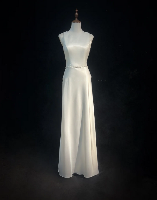 Vintage Wedding Dress 1970s A Line Scoop Neck Satin White Long Wedding Dresses Bridal Gowns Elegant Brides Gown DH562