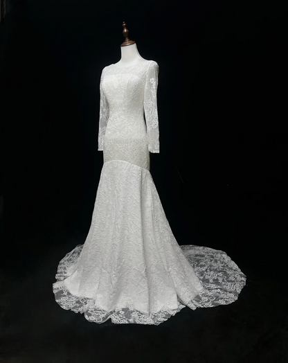 Vintage Wedding Dress 1970s Mermaid Scoop Neck Long Sleeves Lace White Long Wedding Dresses Bridal Gowns Elegant Brides Gown DH563