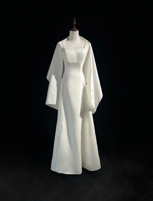 Vintage Wedding Dress 1970s A Line Spaghetti Straps Satin White Long Wedding Dresses Bridal Gowns Elegant Brides Gown DH564