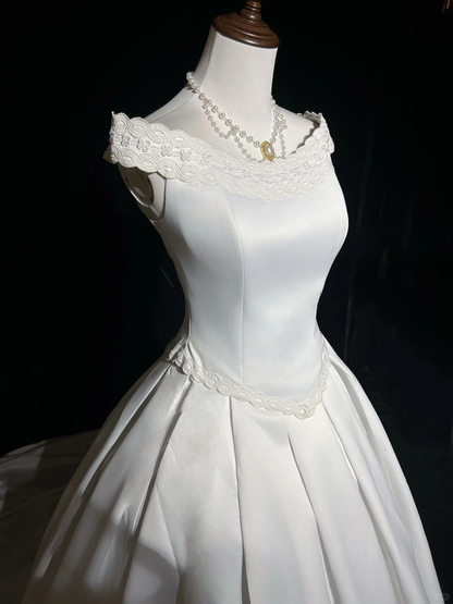 Vintage Wedding Dress 1970s Ball Gown Off The Shoulder Satin White Long Wedding Dresses Bridal Gowns Elegant Brides Gown DH570