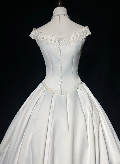 Vintage Wedding Dress 1970s Ball Gown Off The Shoulder Satin White Long Wedding Dresses Bridal Gowns Elegant Brides Gown DH570