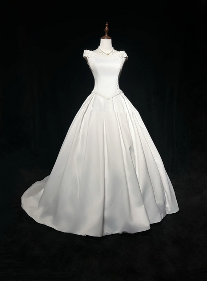 Vintage Wedding Dress 1970s Ball Gown Off The Shoulder Satin White Long Wedding Dresses Bridal Gowns Elegant Brides Gown DH570