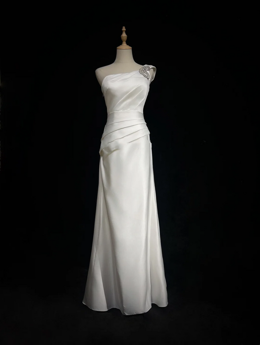 Retro Wedding Dress 1950s 1940s A Line One Shoulder Satin White Long Wedding Dresses Bridal Gowns Brides Gown DH571
