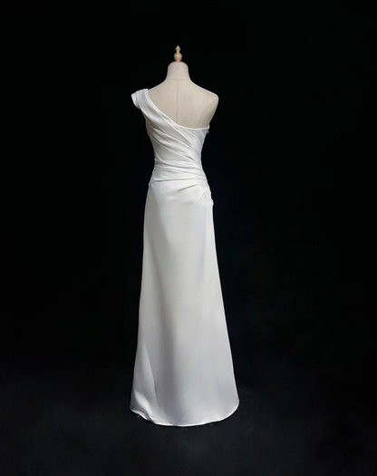 Retro Wedding Dress 1950s 1940s A Line One Shoulder Satin White Long Wedding Dresses Bridal Gowns Brides Gown DH571