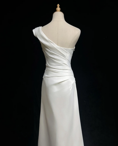 Retro Wedding Dress 1950s 1940s A Line One Shoulder Satin White Long Wedding Dresses Bridal Gowns Brides Gown DH571
