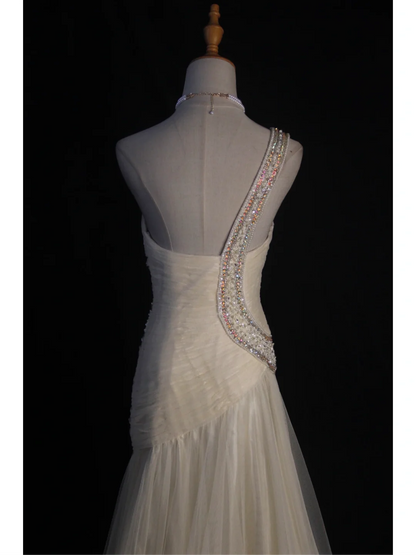 Retro Wedding Dress 1950s 1940s Mermaid One Shoulder White Tulle Long Wedding Dresses Bridal Gowns Elegant Brides Gown DH576