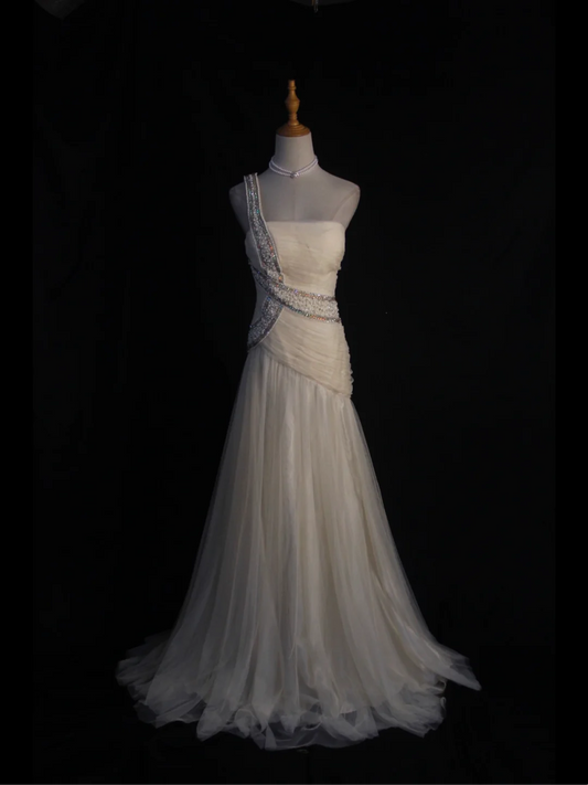 Retro Wedding Dress 1950s 1940s Mermaid One Shoulder White Tulle Long Wedding Dresses Bridal Gowns Elegant Brides Gown DH576