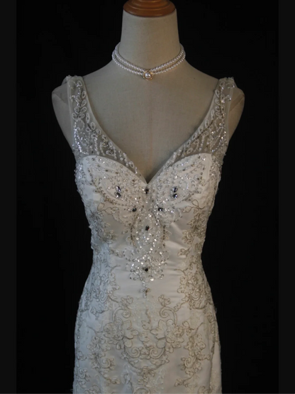 Vintage Wedding Dress 1970s Mermaid V Neck White Lace Long Wedding Dresses Bridal Gowns Elegant Brides Gown DH578