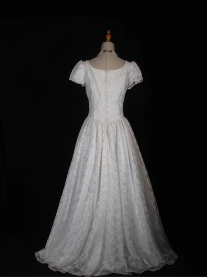Vintage Wedding Dress 1970s Ball Gown Square Neck White Lace Wedding Dresses Bridal Gowns Elegant Brides Gown DH582
