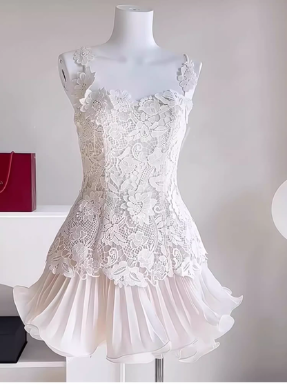 Cute A line Square Neck White Chiffon Mini Short Formal 8th Grade Homecoming Dresses Summer Middle School Hoco Dress Homecoming Outfits 25 Birthday Dress DH619